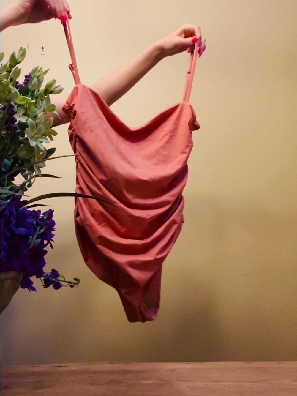 Never Worn Belle Coral-Colored Ruched One-Piece Swimsuit in Size XXL